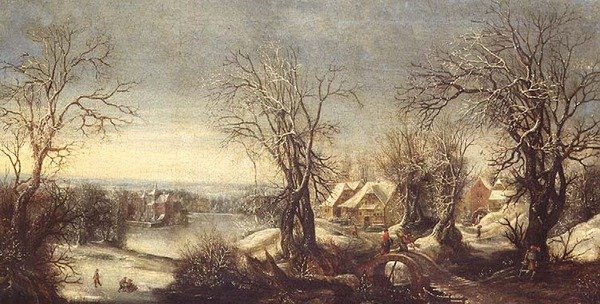 Paysage boisé étendu en hiver avec patineurs sur une voie d