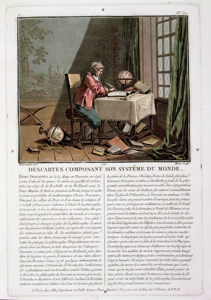 René Descartes (1596-1650) écrivant son système du monde, gravé par Jean Baptiste Moret (fl.1790-1820), 1791 - Desfontaines