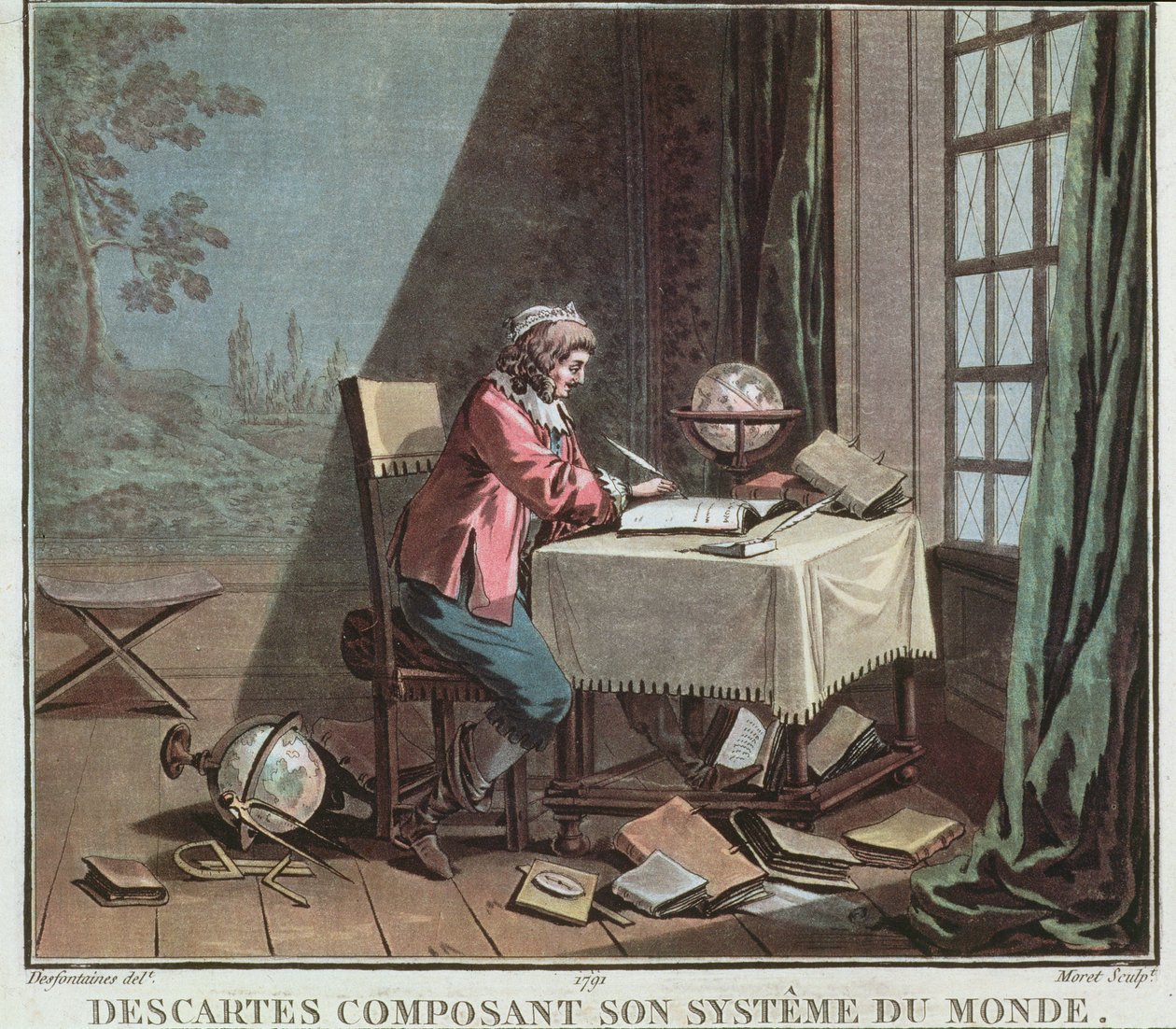 René Descartes (1596-1650) écrivant son système du monde, gravé par Jean Baptiste Moret, 1791 - Desfontaines