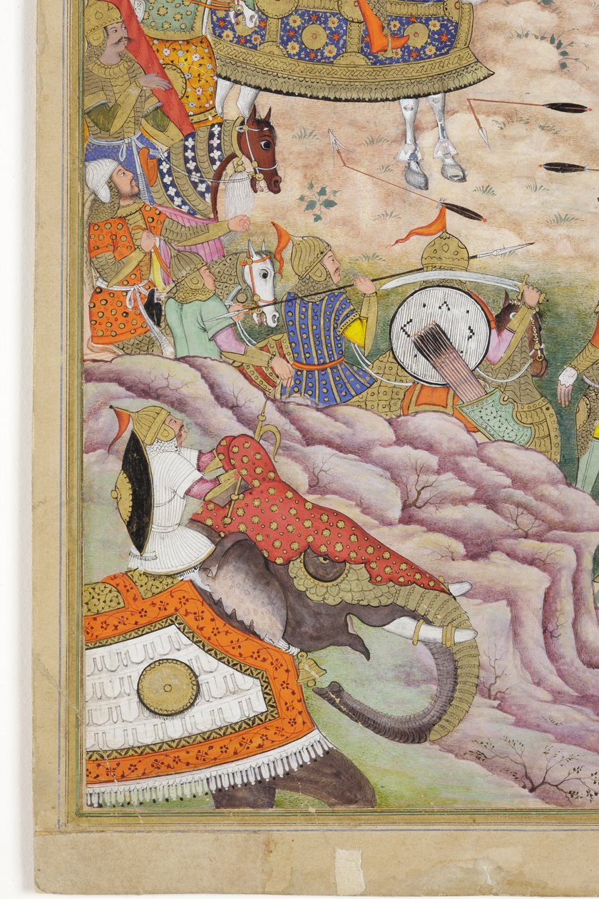 (détail) Les troupes de Babur prennent la forteresse de Kaboul, c.1590-1600 - Dhannu, and Dharmdas Farrukh