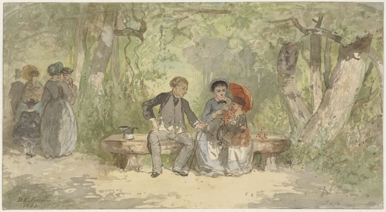 Homme, femme et enfant sur un banc dans le parc - Diederik Franciscus Jamin