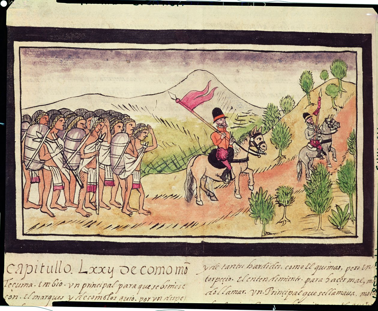 Fol.204v Les Indiens Totonaques aidant les Conquistadors à transporter des matériaux, 1579 - Diego Duran