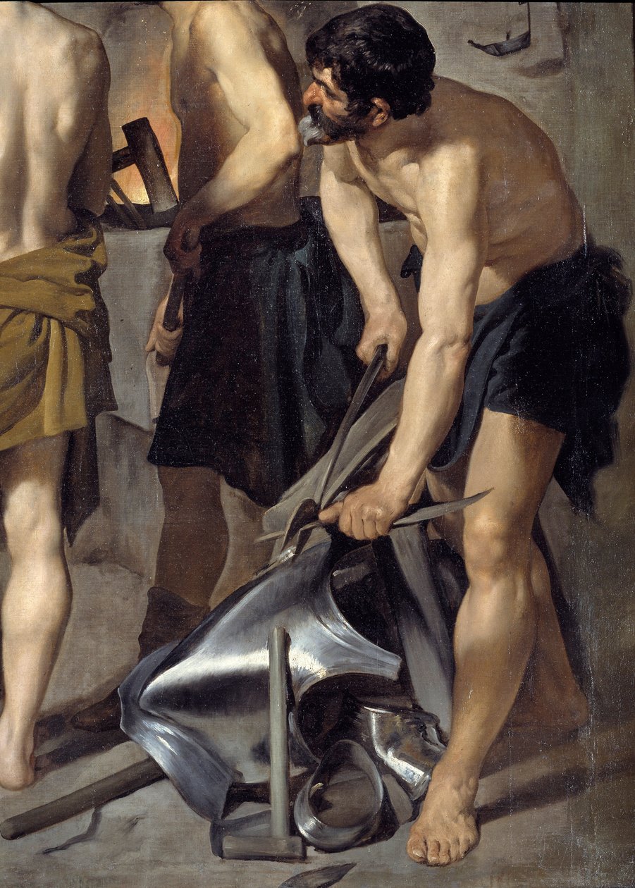 La forge de Vulcain, détail. Un des forgerons travaille sur une armure. Peinture par Diego Velasquez (1599-1660) 1630 Madrid, Musée du Prado - Diego Velázquez