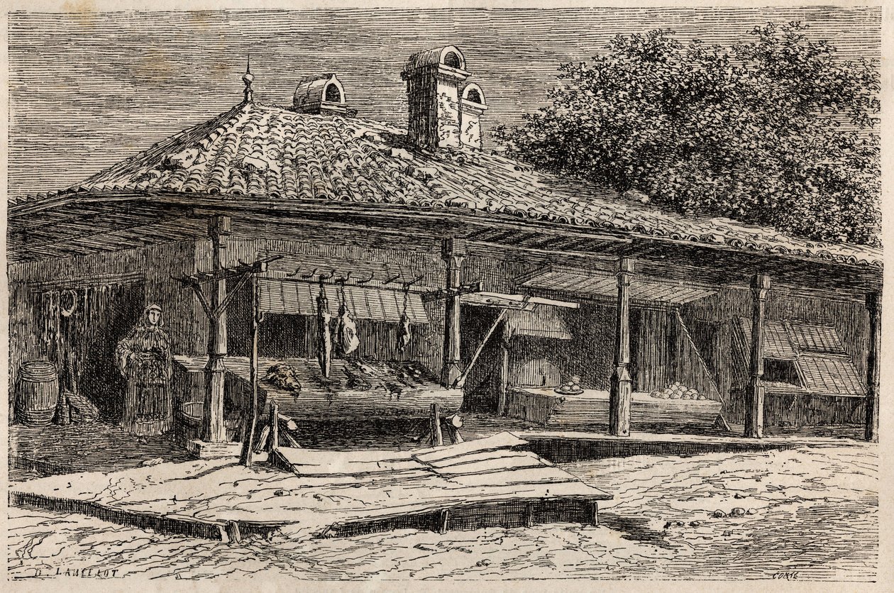 Une boucherie et une boulangerie à Bucarest (Roumanie). Gravure pour illustrer le voyage de Paris à Bucarest de Lancelot, dessinateur, en 1860, dans "Le tour du monde, nouveau journal des voyages", publié sous la direction d