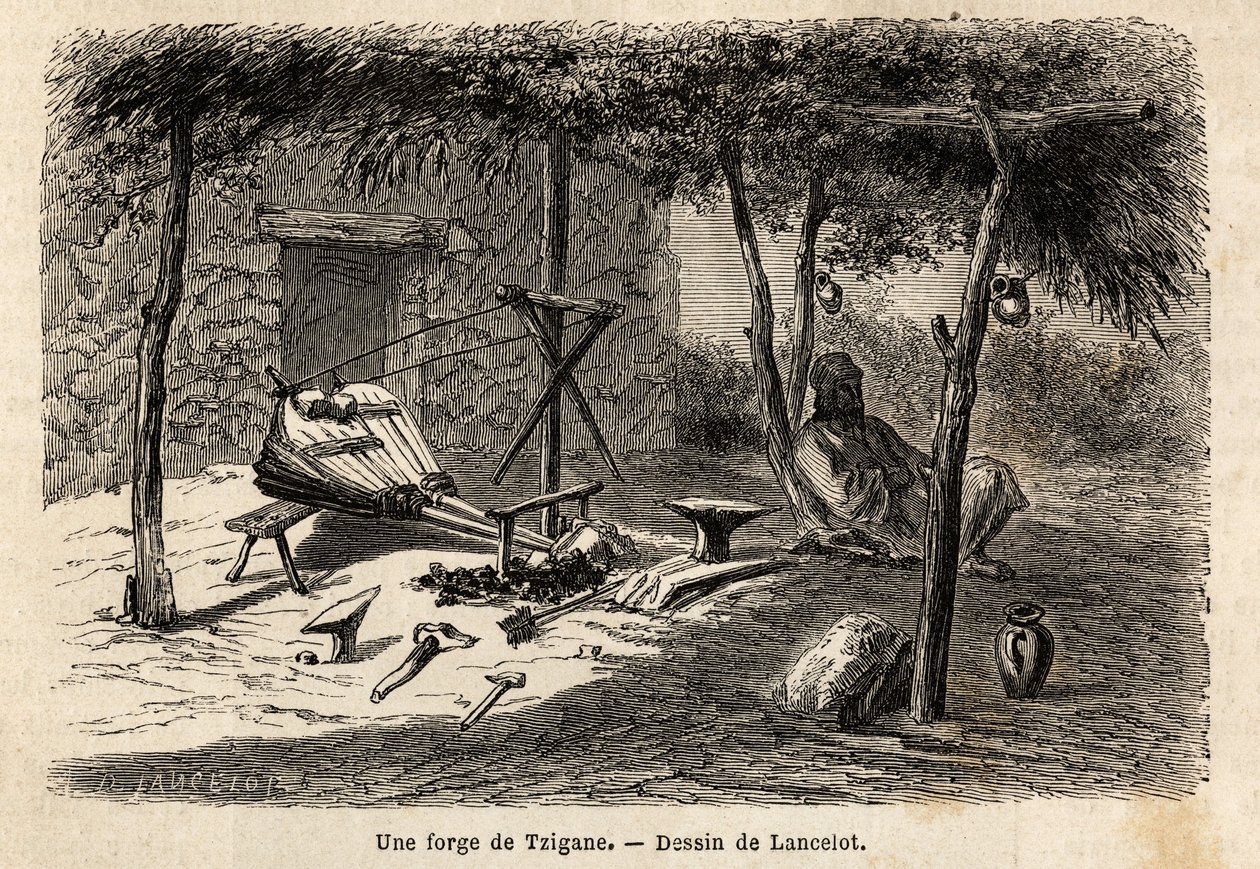 Une forge tzigane dans la région de Valachie, Roumanie. Gravure pour illustrer le voyage de Paris à Bucarest, par Lancelot, dessinateur, en 1860, publié dans « Le tour du monde, nouveau journal des voyages » - Dieudonne Auguste Lancelot