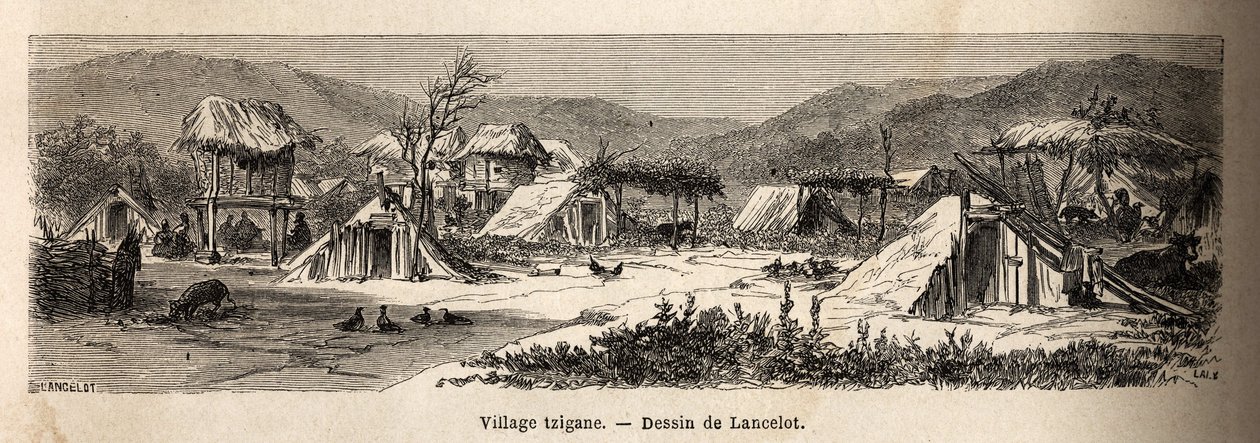 Un village gitan. Gravure pour illustrer le voyage de Paris à Bucarest, par Lancelot, dessinateur, en 1860, publié dans « Le tour du monde, nouveau journal des voyages » - Dieudonne Auguste Lancelot