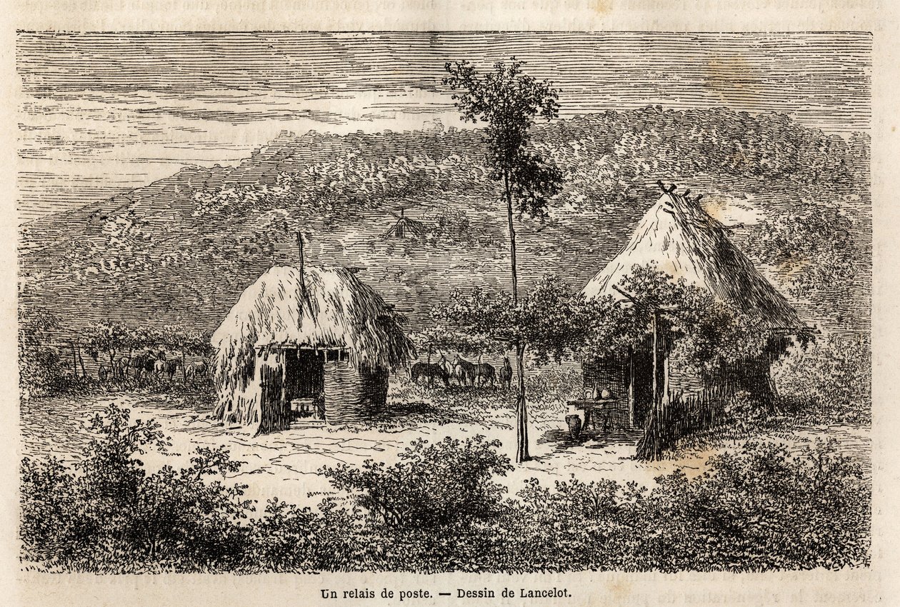 Un relais postal entre Bucarest et Pitesti. Gravure pour illustrer le voyage de Paris à Bucarest (Roumanie), en 1860, par Lancelot, dessinateur, dans « Le tour du monde, nouveau journal des voyages », publié sous la direction d