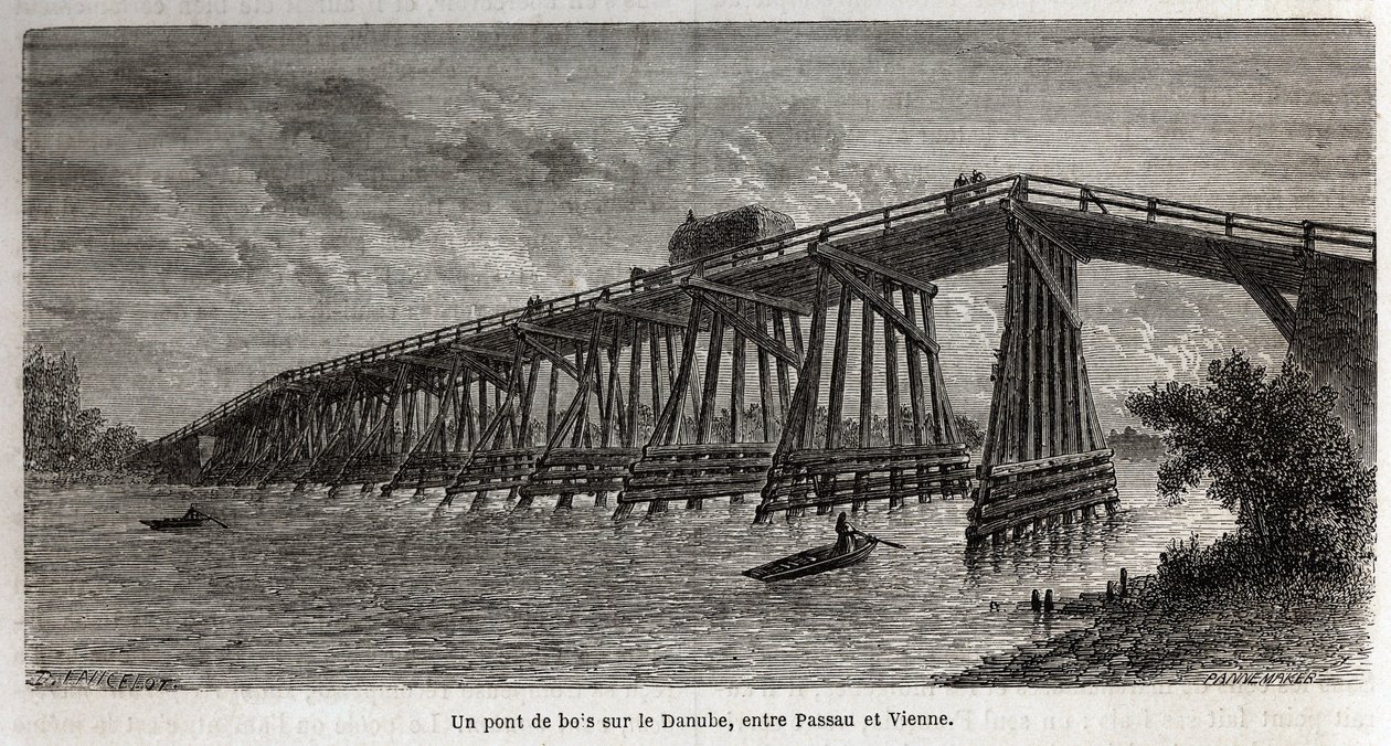Un pont en bois sur le Danube, entre Passau et Vienne, dessin de Lancelot, pour illustrer le voyage de Victor Duruy de Paris à Bucarest en 1860. Gravure dans « Le tour du monde », édité par Edouard Charton - Dieudonne Auguste Lancelot