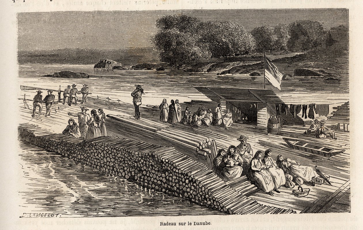 Un radeau en bois sur le Danube, pour le transport de marchandises et de personnes, dessin de Lancelot, pour illustrer le voyage de Victor Duruy de Paris à Bucarest en 1860. Gravure dans « Le tour du monde », édité par Edouard Charton - Dieudonne Auguste Lancelot