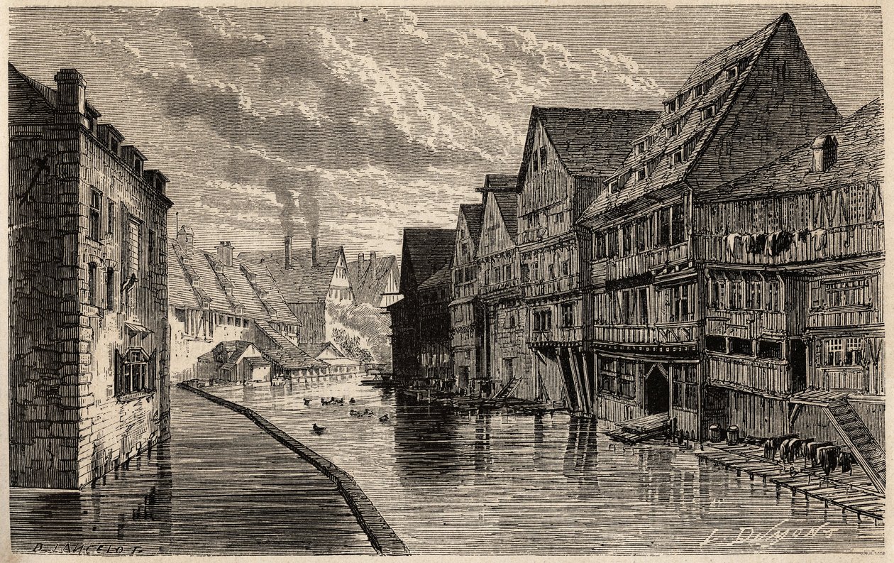 Vieilles tanneries, à Ulm, dessin par Lancelot, pour illustrer le voyage de Victor Duruy de Paris à Bucarest en 1860. Gravure dans « Le tour du monde », édité par Edouard Charton - Dieudonne Auguste Lancelot