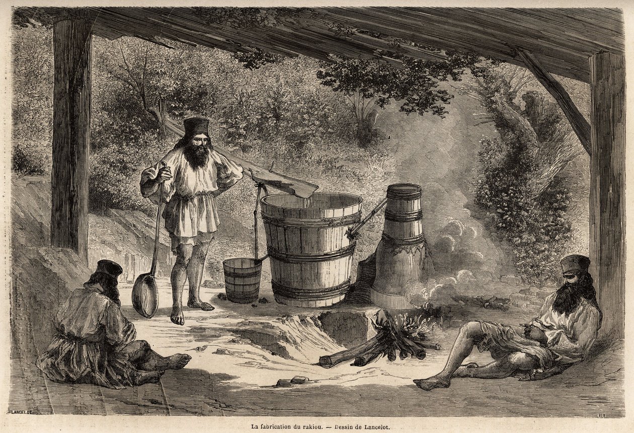 La fabrication du rakiou, alcool de céréales, sorte de schnaps très courant en Roumanie. Gravure pour illustrer le voyage de Paris à Bucarest, par Lancelot, dessinateur, en 1860, publié dans « Le tour du monde, nouveau journal des voyages », sous la direct - Dieudonne Auguste Lancelot
