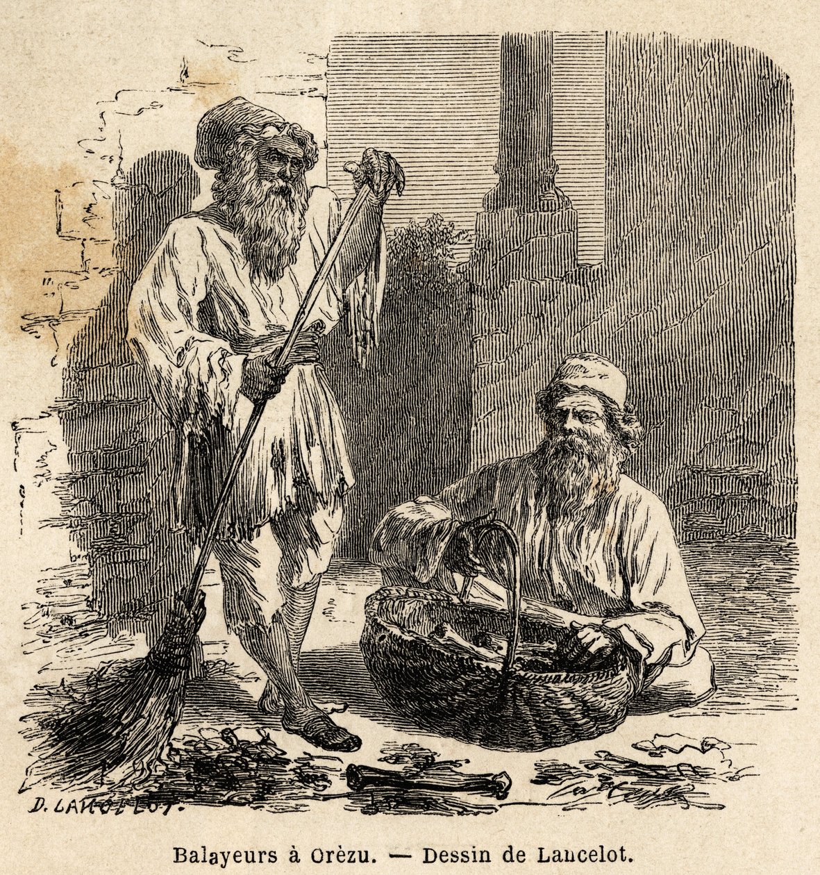 Les balayeurs à Orezu (Roumanie). Gravure pour illustrer le voyage de Paris à Bucarest, par Lancelot, dessinateur, en 1860, publié dans « Le tour du monde, nouveau journal des voyages », sous la direction d