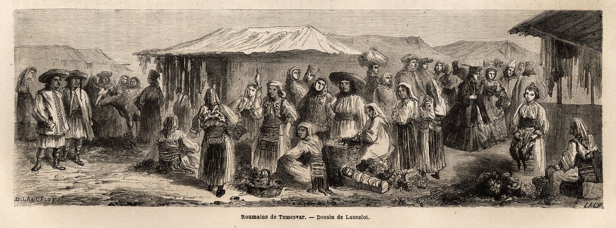 La population ambulante de Tesmevar (ou Timișoara) en Roumanie. Gravure pour illustrer le voyage de Paris à Bucarest, par Lancelot, dessinateur, en 1860, publié dans « Le tour du monde, nouveau journal des voyages », sous la direction d