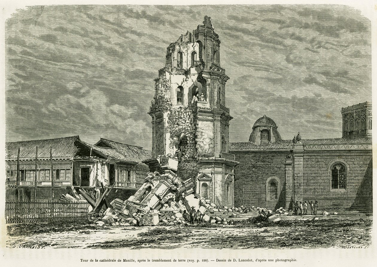 Tour de la cathédrale de Manille, après le tremblement de terre du 18 juillet 1880. Gravure par Lancelot pour illustrer l