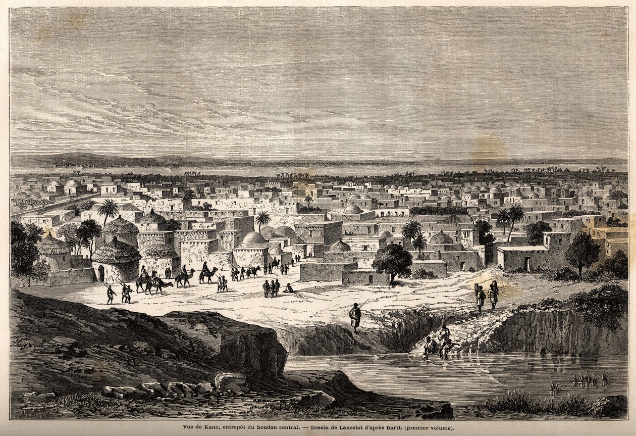 Vue de Kano (ville et état au nord du Nigeria actuel), entrepôt du Soudan central, dessin de Lancelot, pour illustrer le voyage de 1849-1855, au centre de l