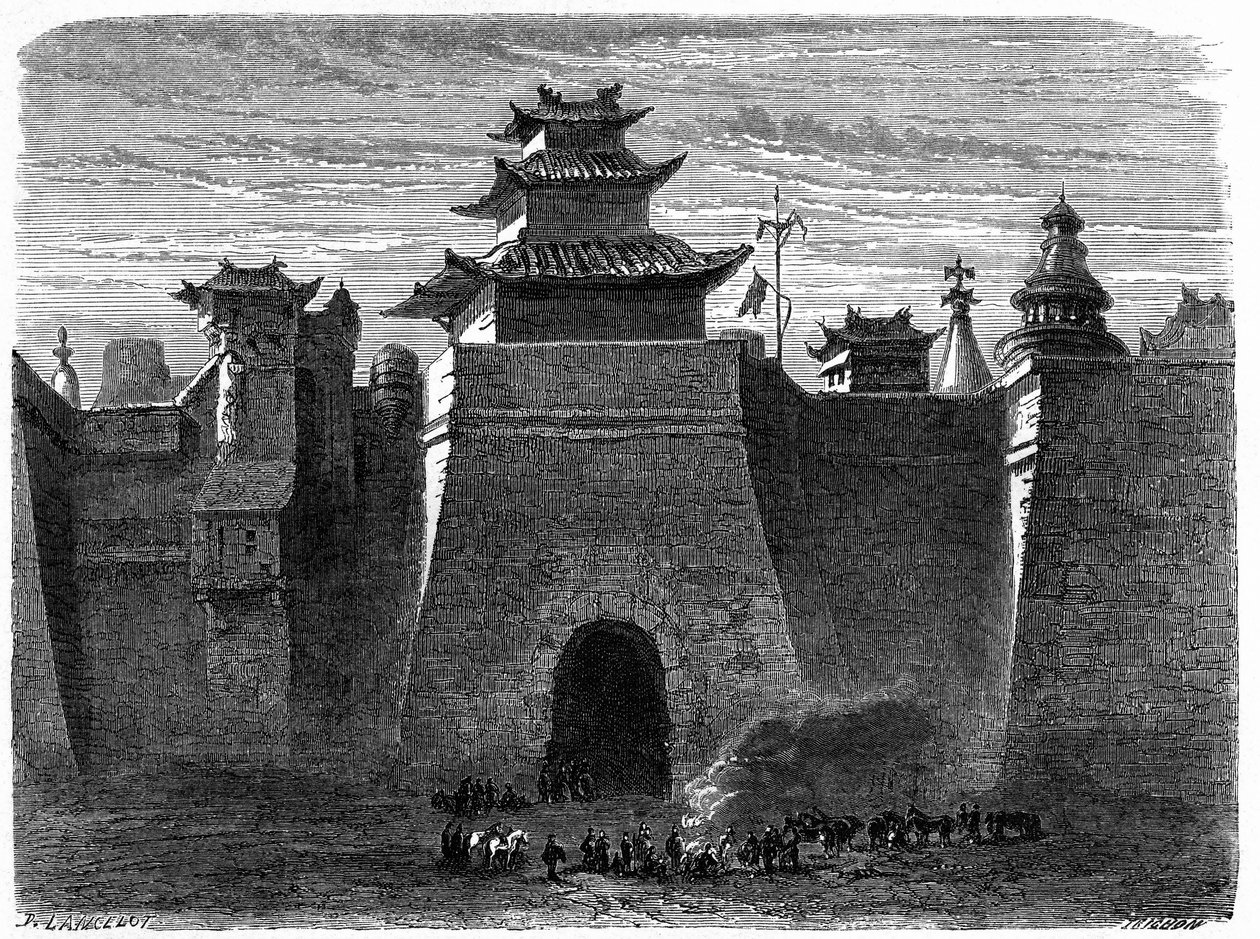 Murs et porte de Pékin (Beijing), Chine. Gravure par Lancelot, dans « Le Tour du Monde, Nouveau journal des Voyages », édité par Edouard Charton, Paris - Dieudonne Auguste Lancelot