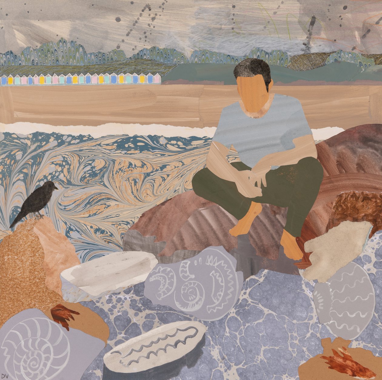 Cabanes de plage et fossiles (collage) - Dione Verulam