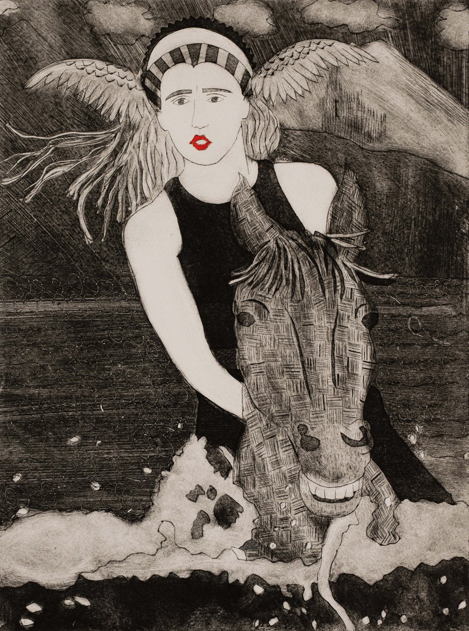 Brunnhilde et Grane, Ring Cycle de Wagner, 2024 (collagraphie) - Dione Verulam