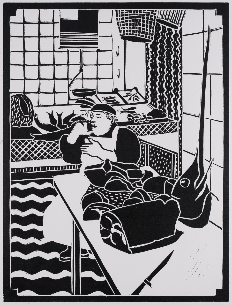 Poisson à vendre, Sicile, 2025 (Linogravure) - Dione Verulam