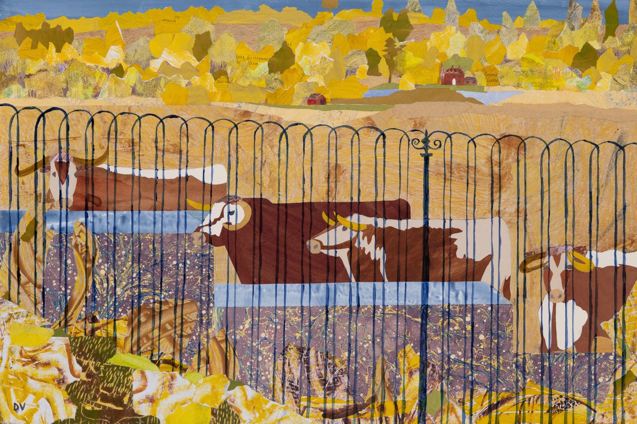 Longhorns assoiffés, été chaud (collage) - Dione Verulam