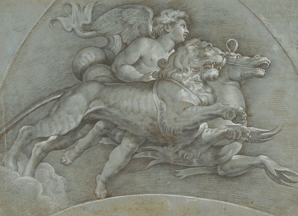 Putto Ailé Montant un Cheval Marin et un Lion après Raphaël, verso..., 1574 - Dionisio Calvaert