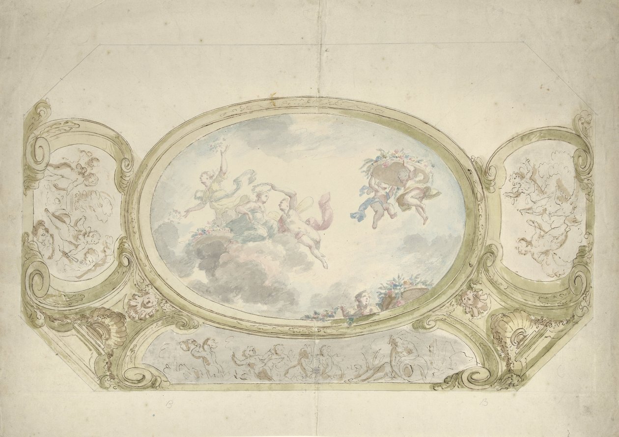 Projet pour une peinture de plafond : ovale avec une scène allégorique, entouré de scènes avec des putti - Dionys van Nijmegen (possibly)