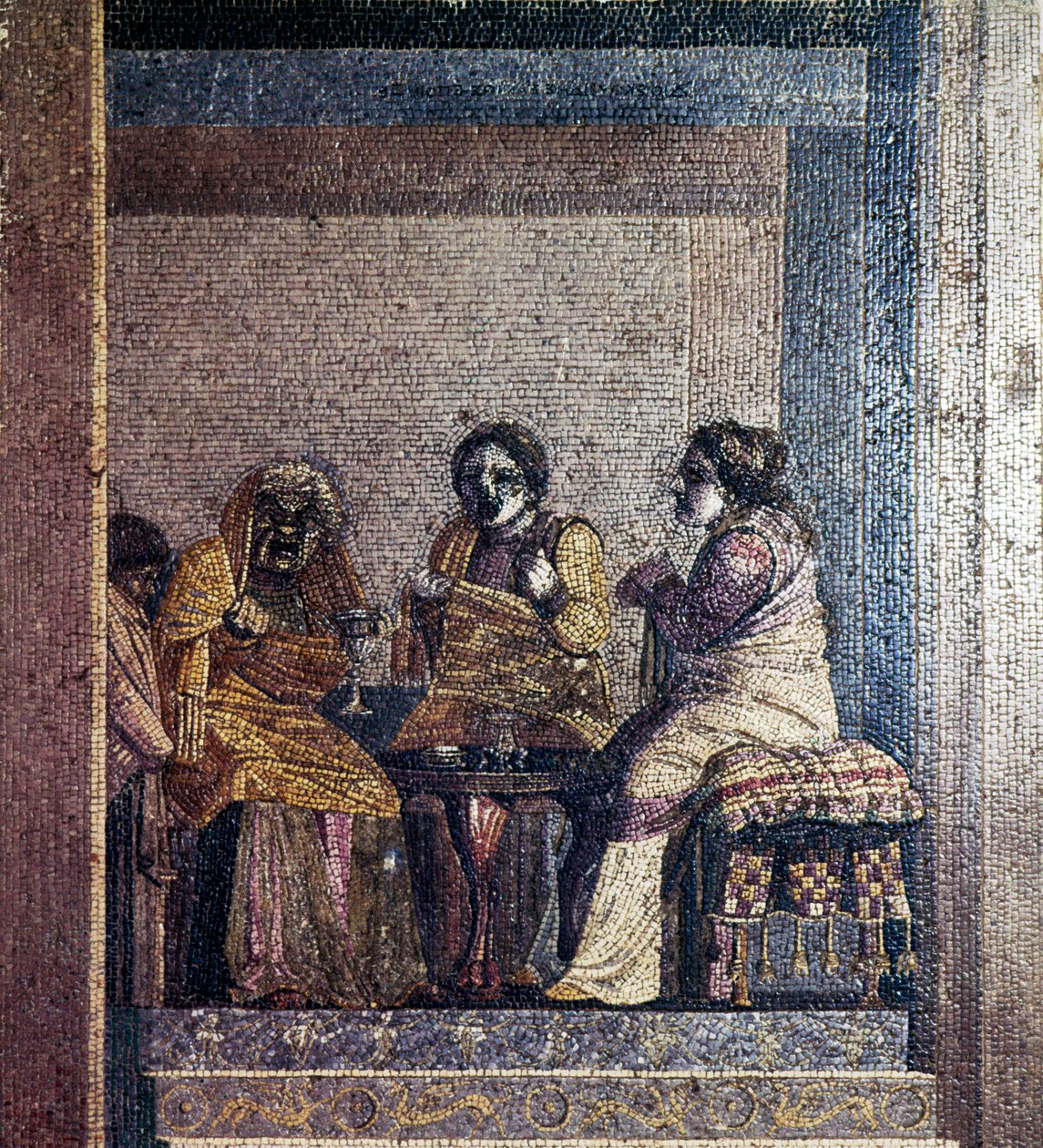 Mosaïque romaine de Scène de pièce avec des acteurs masqués, Villa de Cicéron, Pompéi, c2e siècle av. J.-C. - Dioscurides of Samos
