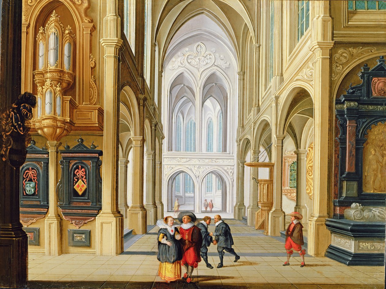 Figures élégantes dans une église gothique - Dirck van Deelen