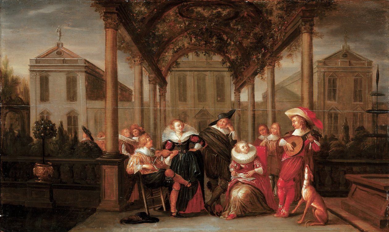Une joyeuse compagnie jouant de la musique sous un porche fleuri dans un jardin - Dirck Hals