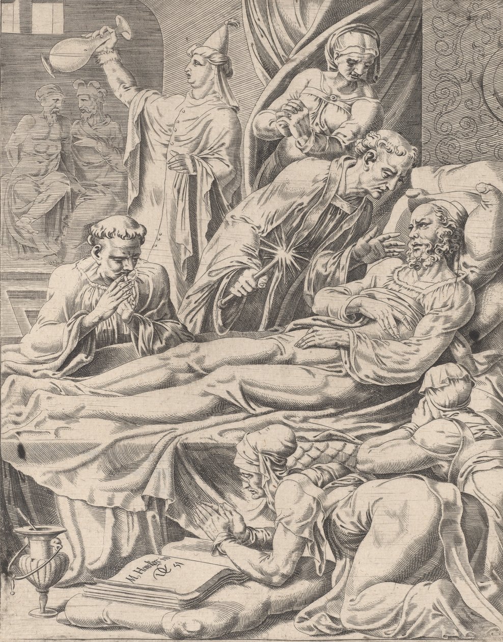 Le Riche sur son lit de mort, de La Parabole de Lazare et du Riche, planche 2 - Dirck Volkertsen Coornhert