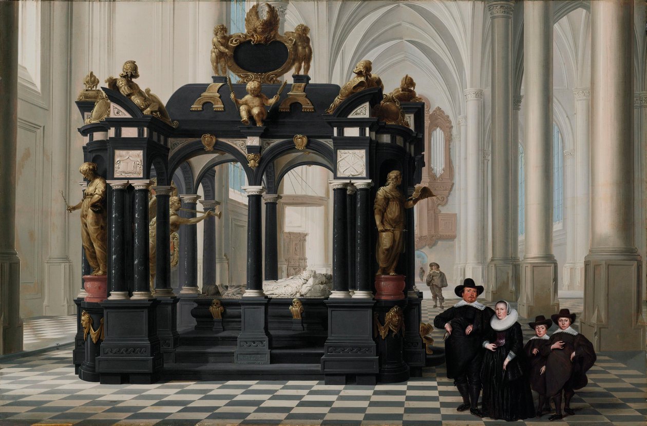 Une famille près du tombeau du prince Guillaume Ier dans la Nieuwe Kerk, Delft - Dirck van Delen