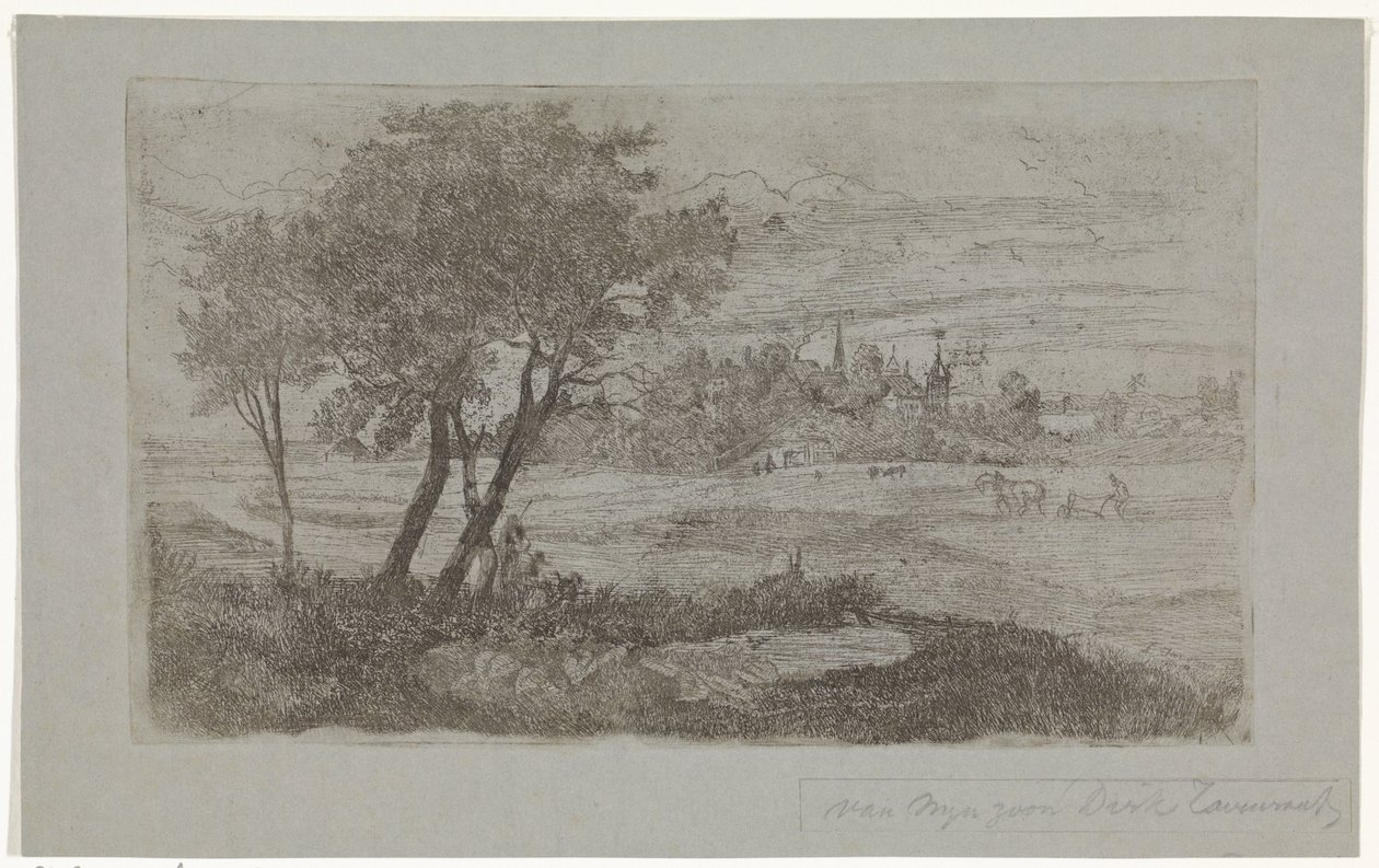 Paysage avec arbres au premier plan et une charrue dans le champ - Dirk Arnoldus Tavenraat