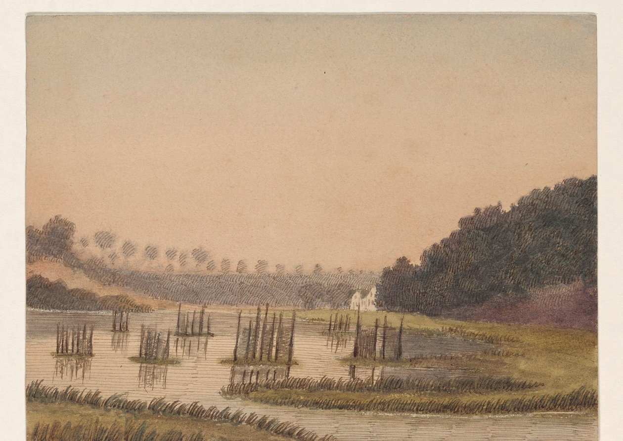 Paysage marécageux avec un bâtiment au loin - Dirk Arnoldus Tavenraat