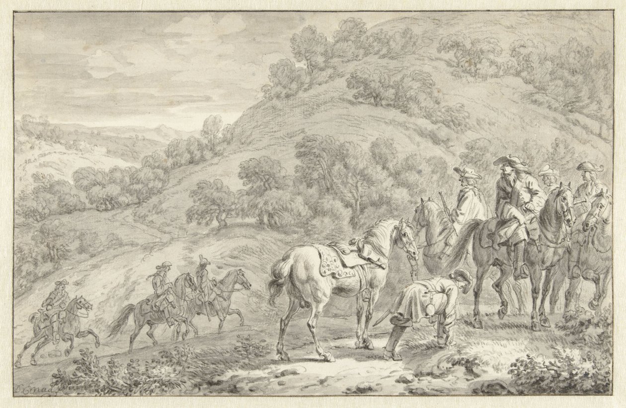Paysage de montagne avec un cavalier démonté et d
