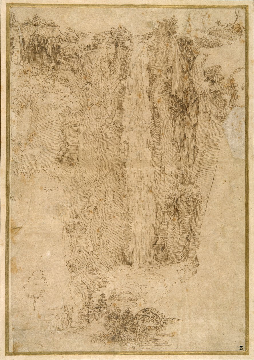 Paysage avec une cascade; au pied, deux hommes, dont un monté - Domenichino