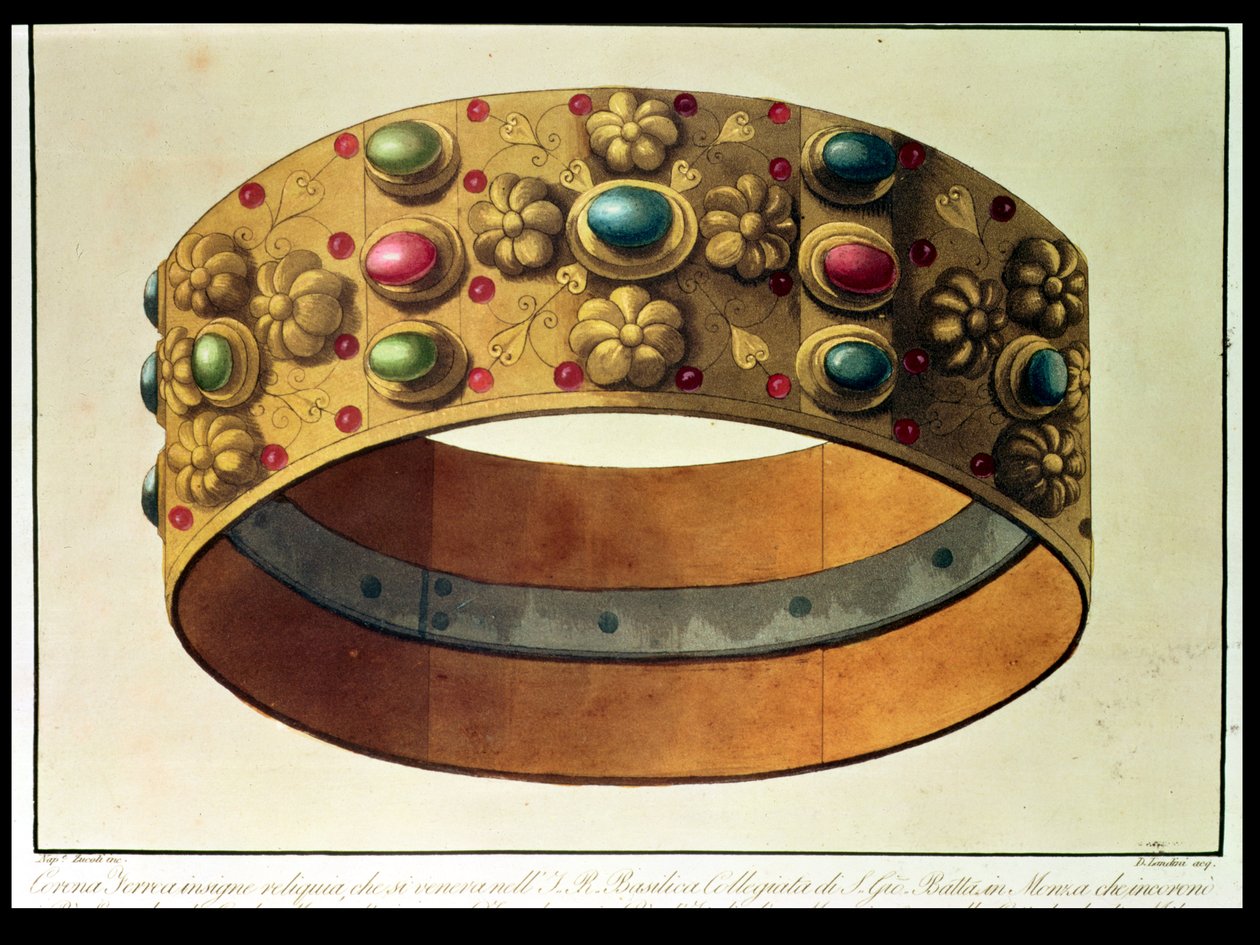 La couronne de fer de Lombardie qui a couronné Charlemagne en 777 et Napoléon en 1805 dans la cathédrale de Milan, gravée par D. Landini (aquatinte) - Domenico (after) Landini