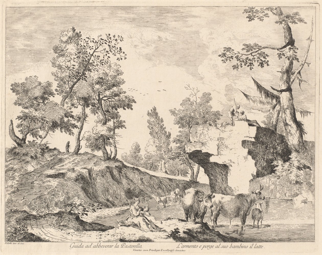 Paysage avec bergère et troupeau à un point d