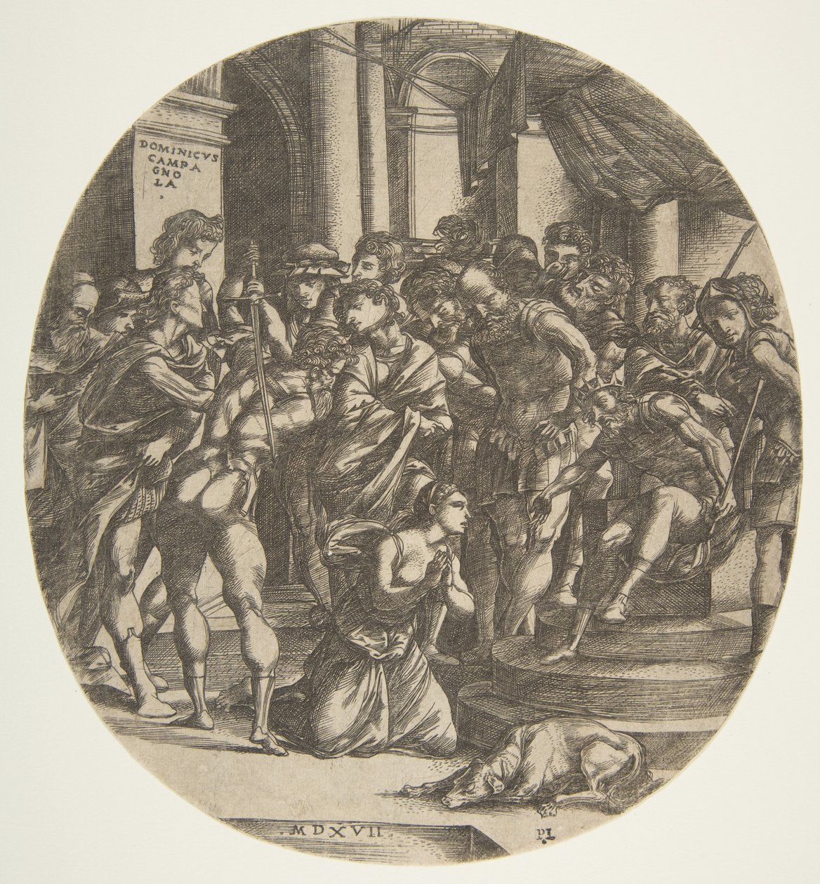Figure féminine Sainte Catherine agenouillée au centre suppliant une figure masculine, 1517 - Domenico Campagnola