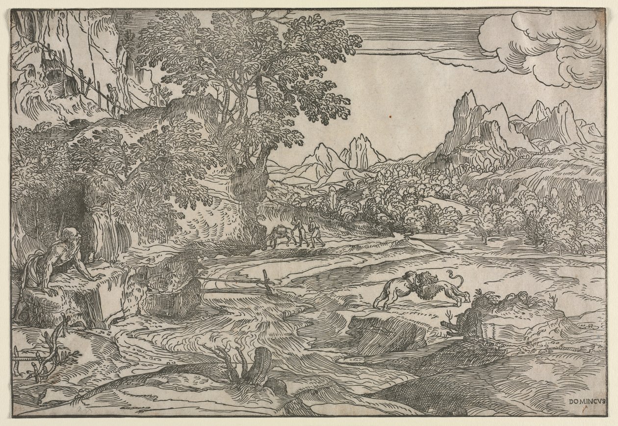 Paysage avec Saint Jérôme et deux lions, vers 1530-35 - Domenico Campagnola