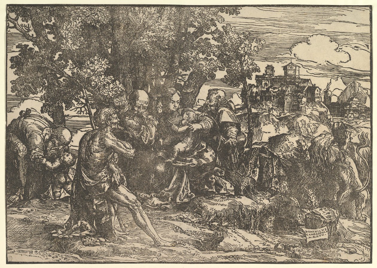 Marie assise sous les arbres avec bébé, flanquée de Joseph à gauche et de Saint Jérôme à droite, 1517 - Domenico Campagnola