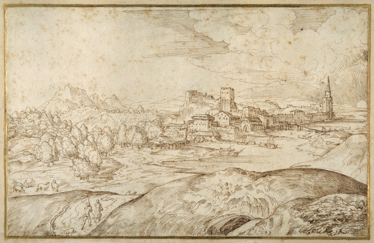 Paysage montagneux avec une rivière et une ville fortifiée avec une tour à flèche - Domenico Campagnola