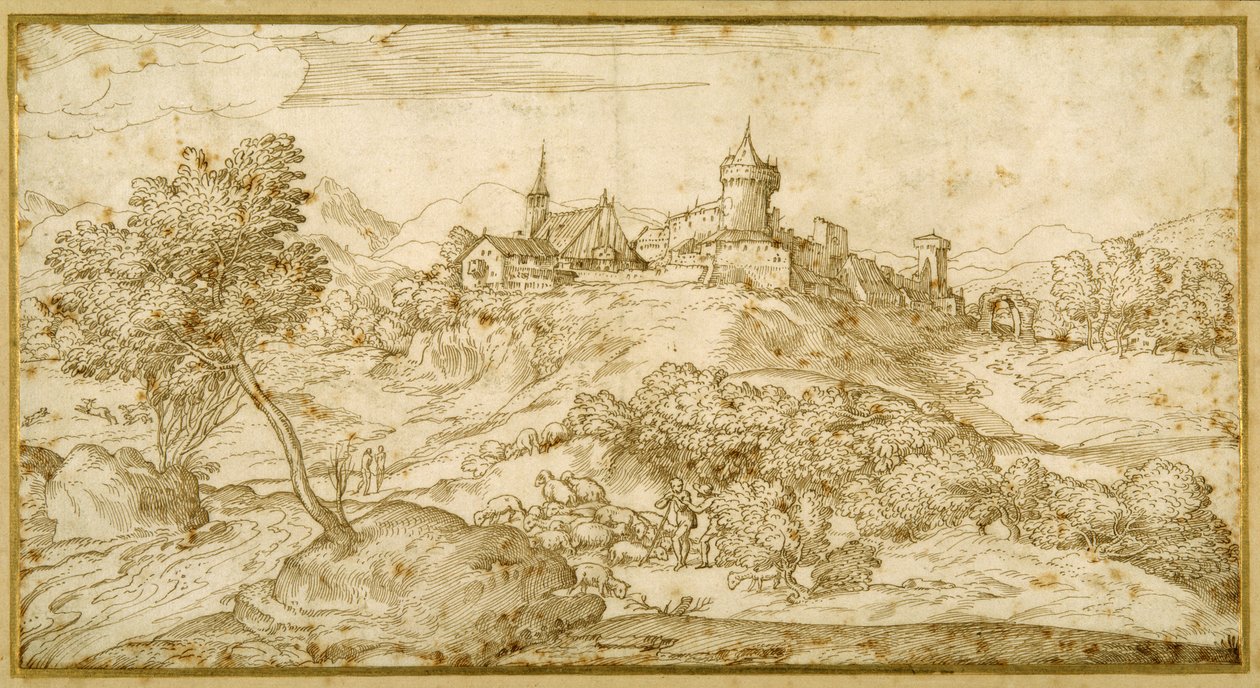 Paysage montagneux avec une ville fortifiée sur une colline : un berger accosté alors qu