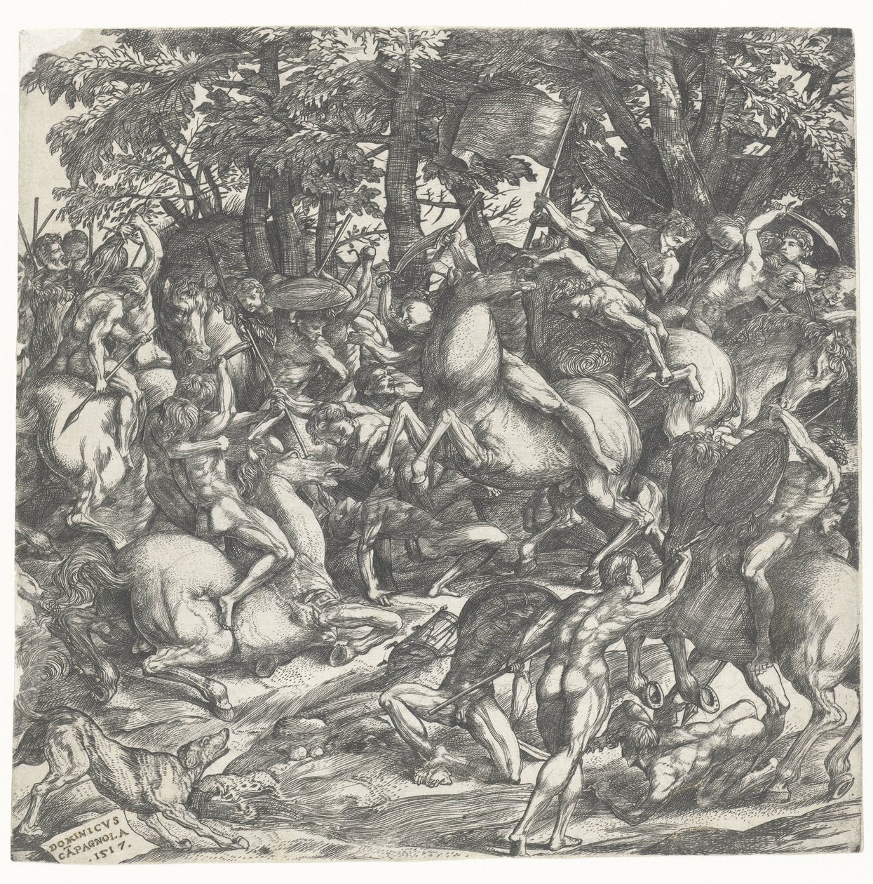 Hommes nus avec des lances à cheval en combat - Domenico Campagnola