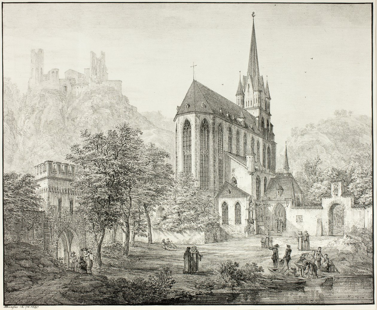Collégiale Notre-Dame, avec le château Schoenberg à Oberwesel sur le Rhin - Domenico Quaglio