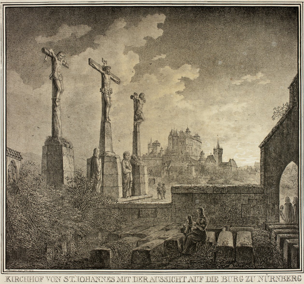 Cimetière Saint-Jean avec vue sur la ville de Nuremberg, extrait de la collection de bâtiments médiévaux mémorables en Allemagne - Domenico Quaglio