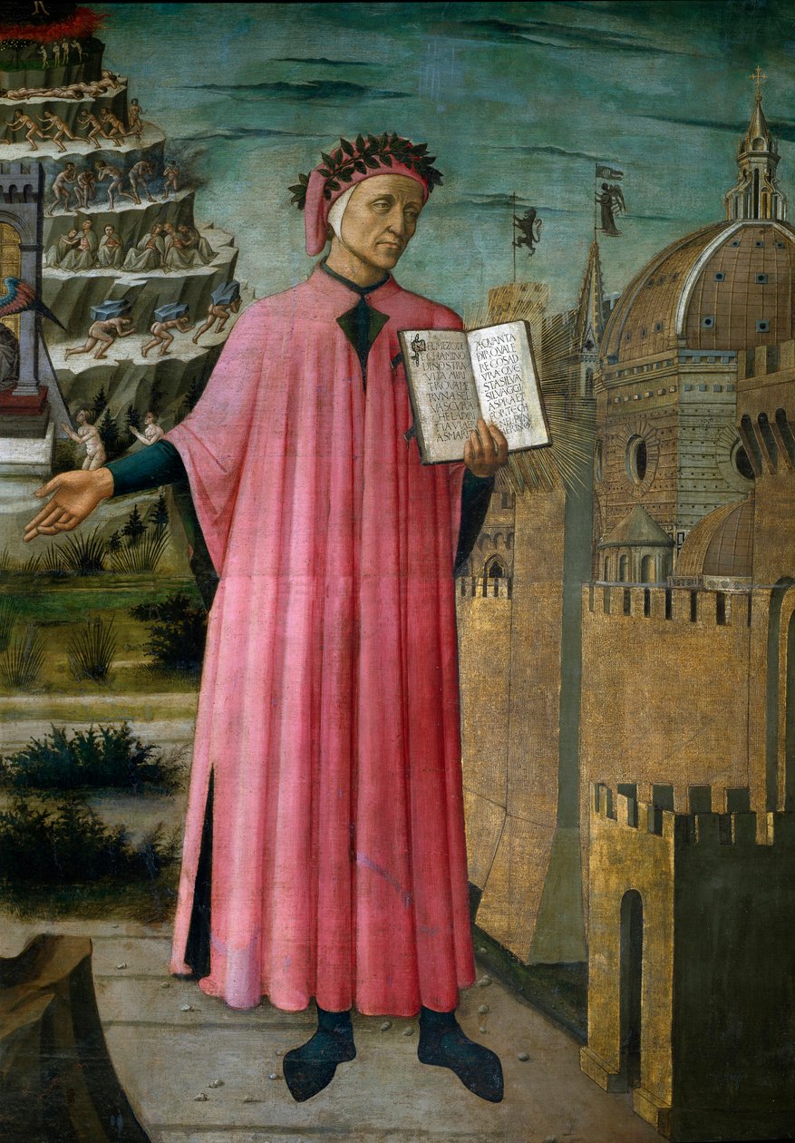 Le poète italien Dante Alighieri (1265-1321) présente son œuvre La Divine Comédie. Détail. Fresque de Domenico di Michelino (1417-1491), Cathédrale Santa Maria del Fiore, Florence. (Duomo, Florence) Italie - Domenico di Michelino