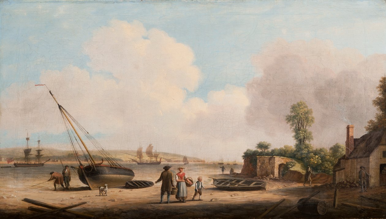 Vue de Gravesend avec un bateau de pêche échoué et des navires dans l