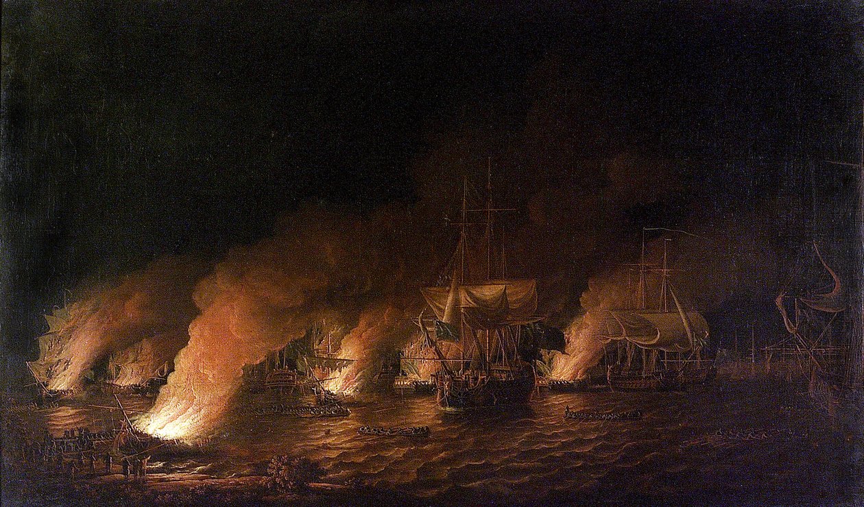Guerre de Sept Ans (1756-1763) : navires de guerre français attaquant la flotte britannique au large de Québec (Canada) de nuit, le 28 juin 1759 - Dominic Serres