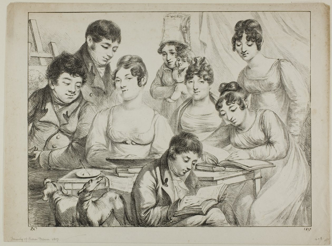 Conversation, une famille dessinant et lisant, la nourrice tenant un nourrisson, un portrait du prince Edmond de Beauvau derrière une chaise, et des portraits de Madame Lavallée et Madame Vallory, toutes deux assises - Dominique Vivant Denon