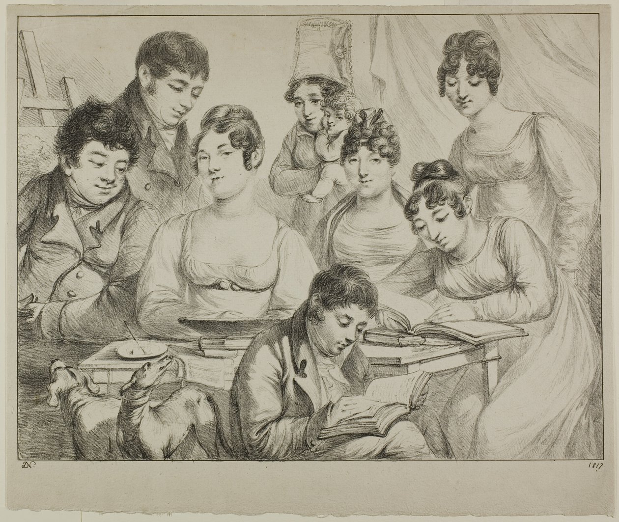 Conversation, une famille dessinant et lisant, la nourrice tenant un nourrisson, un portrait du prince Edmond de Beauvau derrière une chaise, et des portraits de Madame Lavallée et Madame Vallory, toutes deux assises - Dominique Vivant Denon
